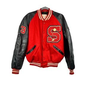 Vintage 80s DeLONG Letterman Jacket Wool Leather Red Black Terre Haute South 46